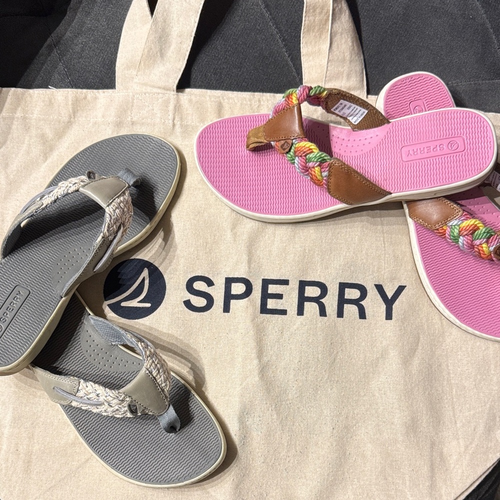 NEW Sperry Pink & Gray Flip Flops plus canvas bag bundle